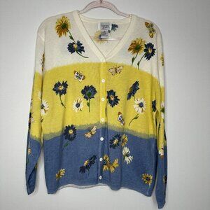 Teddi Floral Cardigan Sweater Petite Size L Daisies Cotton Ramie Boho